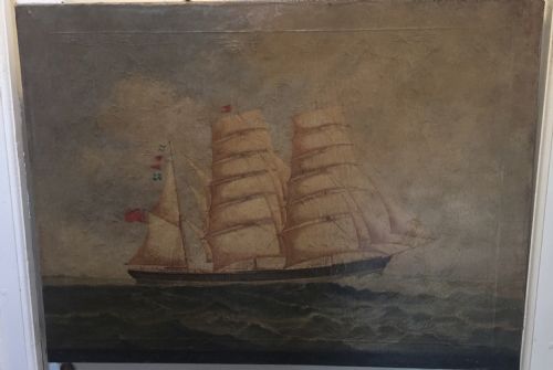 C19th Signed Marine Oil Painting on Canvas Study of a Merchant or Trading Ship in Full Sail with Interesting Inscription.