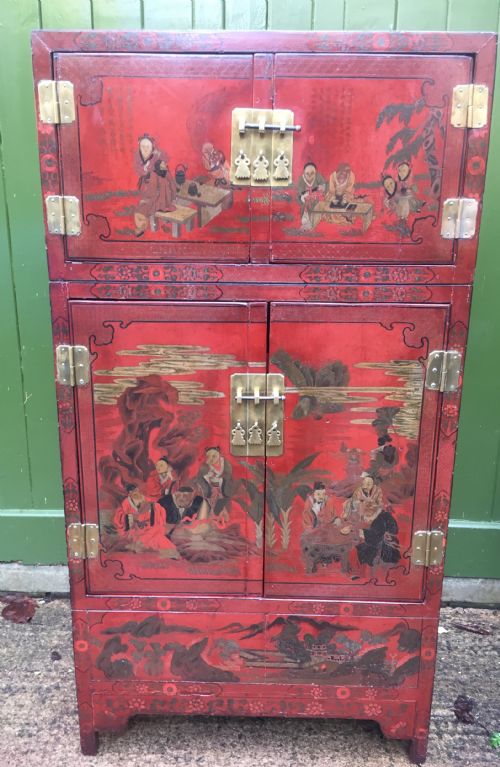 Late C19th/early C20th Chinese Red Lacquer Decorated  4-Door Cupboard or Cabinet.