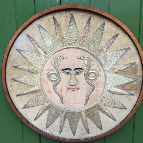 Interesting Late C19th/ Early C20th Framed Circular Gold-wire Thread and Silk Embroidery Probably of Depicting the Egyptian Sun God Re.