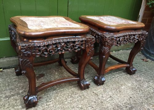 Pair of Late C19th Chinese Qing Dynasty Carved Hardwood Inset Marble Top Low Jardiniere Stands or End Tables.