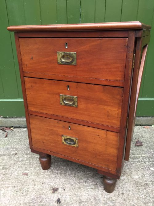 C19th Mahogany Military or Naval Campaign Pedestal Chest of Drawers with a Fold-over Flap Top .