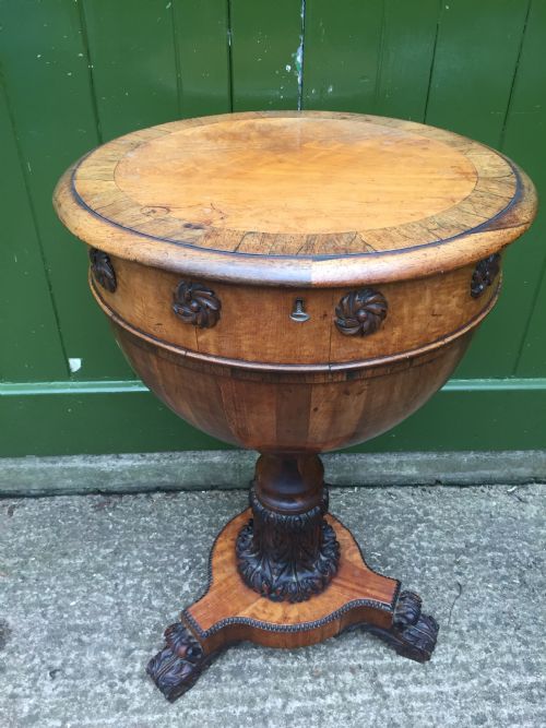 fig 1. Fine quality early C19th George IV period rosewood and satinwood sewing or work table of unusual form .