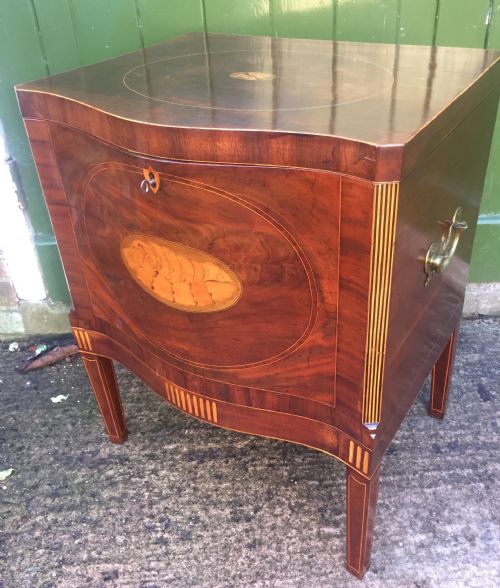 fig 2. Late C18th George III period Sheraton design mahogany wine cellarette with box-wood and satinwood inlay.