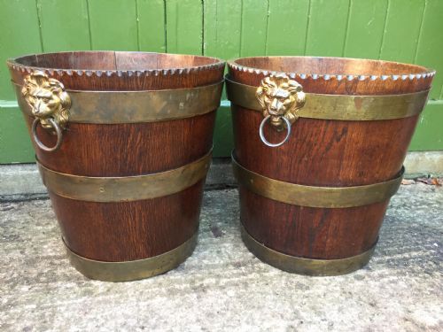 Pair of Early C19th Brass-bound Oak Log or Peat Fireside Buckets Fitted with Brass Lions-mask Ring Handles .
