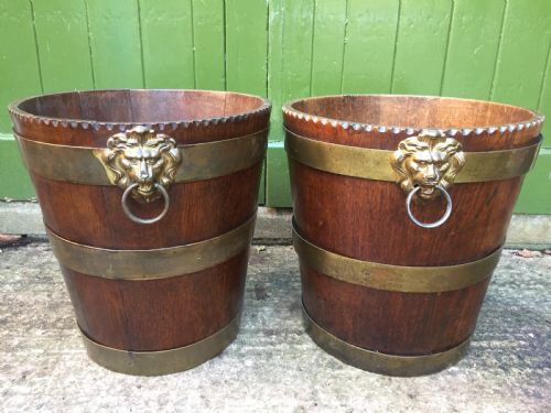 fig 2. Pair of early C19th brass-bound oak log or peat fireside buckets fitted with brass lions-mask ring handles .