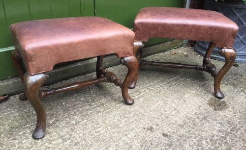 Pair of C19th Oak-framed Cabriole Legged Leather Top Stools in the Early C18th Manner.
