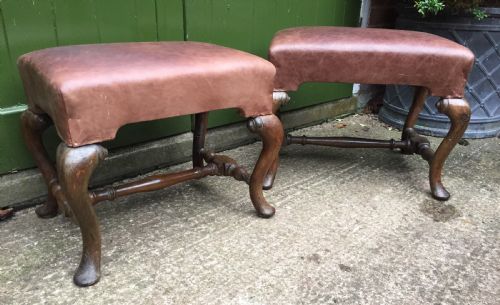 fig 1. Pair of C19th oak-framed cabriole legged leather top stools in the early C18th manner.