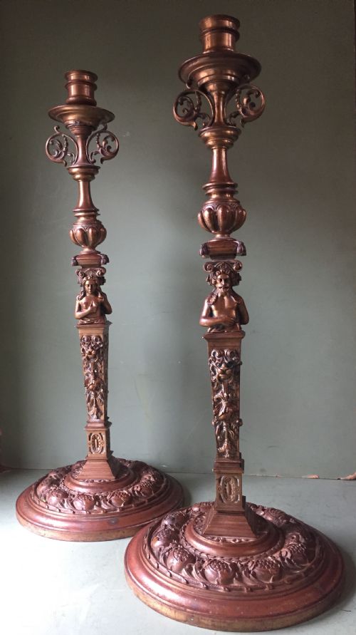 fig 1. Large pair of C19th cast bronze candlesticks in the Mannerist late Renaissance style .