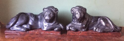 Pair of Early C19th 'Grand Tour' Souvenir Patinated Cast-lead Lions Mounted Upon Rouge Griotte Marble Plinth Bases , Copies of the Egyptian Lions from the Vatican, Rome.