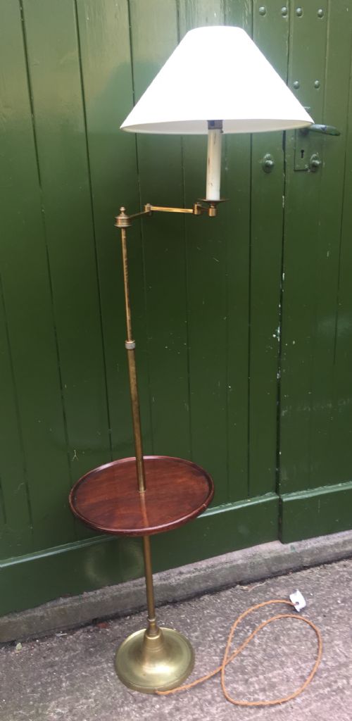 Stylish and Practical Early C20th Brass and Mahogany Reading Lamp with Articulated Lateral Arm and Adjustable Height Column .