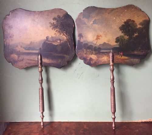 Pair of Early C19th Regency Period Papier-mâché Hand-held Ladies Facial Fire-screens.