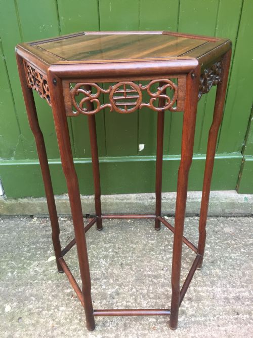 Late C19th Chinese Qing Dynasty Carved Hardwood Hexagonal Lamp Table or Vase Stand.