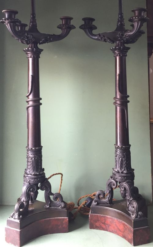 fig 2. Imposing pair of early C19th French Charles X period bronze lamps on 'rouge griotte' marble bases.