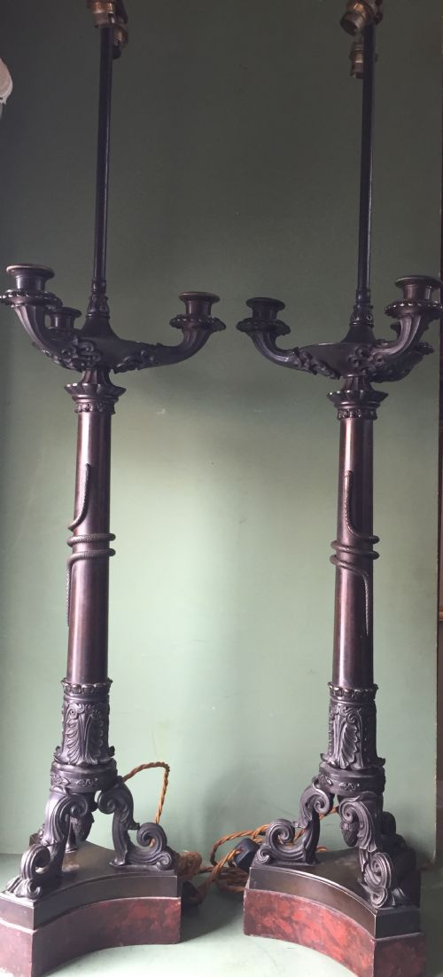 Imposing Pair of Early C19th French Charles X Period Bronze Lamps on 'Rouge Griotte' Marble Bases.