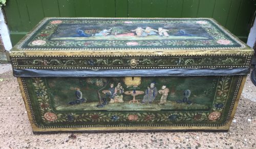 Fine C19th Chinese Export Decorated Leather and Brass-bound Camphor Trunk.