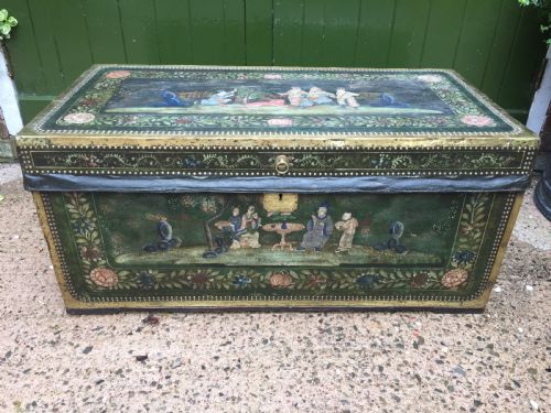 fig 1. Fine C19th Chinese export decorated leather and brass-bound camphor trunk.