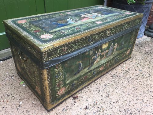 fig 3. Fine C19th Chinese export decorated leather and brass-bound camphor trunk.