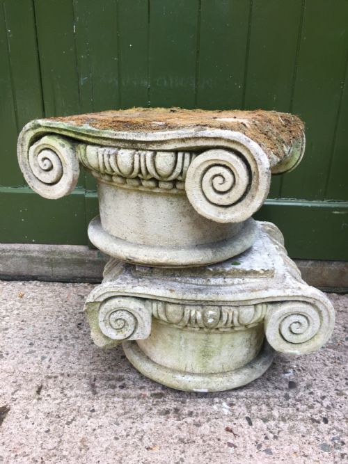Decorative Pair of Early C20th Composition Stone Ionic Capitals .
