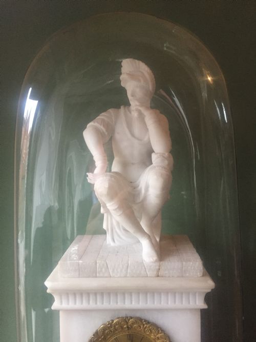 C19TH ITALIAN CARVED ALABASTER MANTEL CLOCK FITTED WITH A FRENCH MOVEMENT UNDER GLASS DOME - ADDITIONAL PHOTO 29
