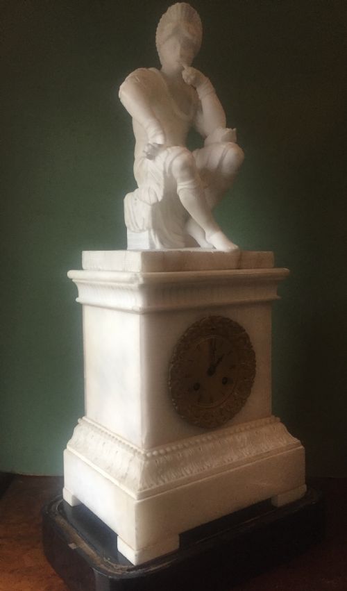 C19TH ITALIAN CARVED ALABASTER MANTEL CLOCK FITTED WITH A FRENCH MOVEMENT UNDER GLASS DOME - ADDITIONAL PHOTO 30
