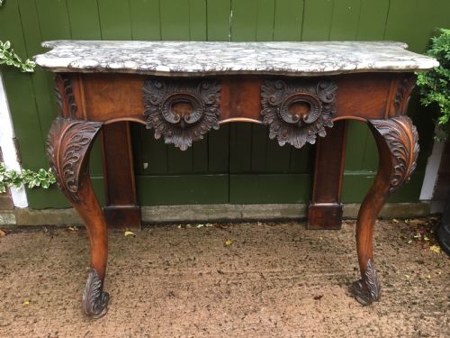 Exhuberant C19th Irish Walnut Console Table with a Rare Breccia Marble Slab Top .