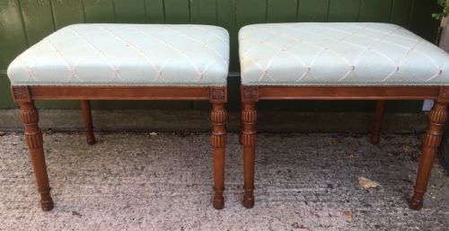 Pair of Late C19th/ Early C20th Edwardian Period Sheraton-revival Carved Satinwood Frame Stools .