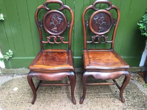 fig 1. Pair of late C19th Chinese Qing Dynasty carved hardwood hall or side chairs.