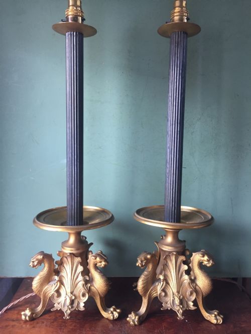 Pair of Late C19th French Gilt and Patinated Bronze Lamps Raised on Tri-form Griffin Supports.