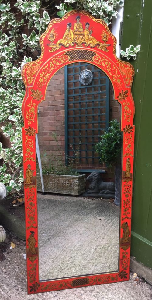 Decorative Late C19th/early C20th Scarlet Red and Gilt Chinoiserie Design Pier Mirror in the Queen Anne Taste.