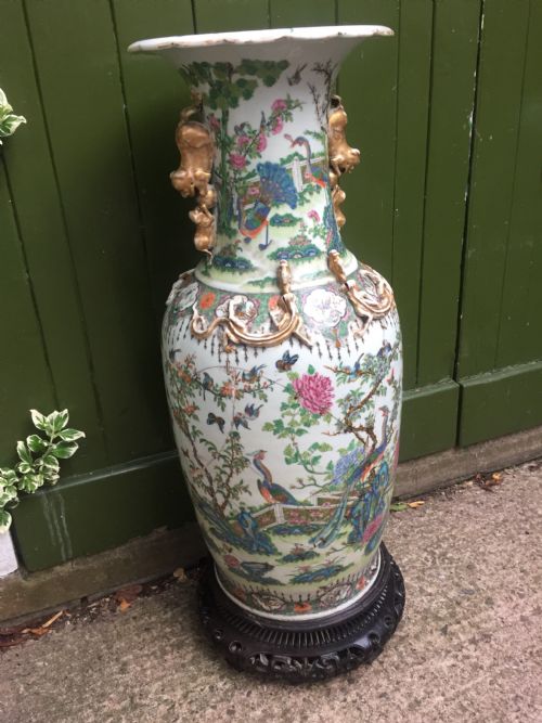 fig 2. Large scale C19th Chinese Cantonese porcelain enamel decorated vase on hardwood stand in repaired 'country house' condition .