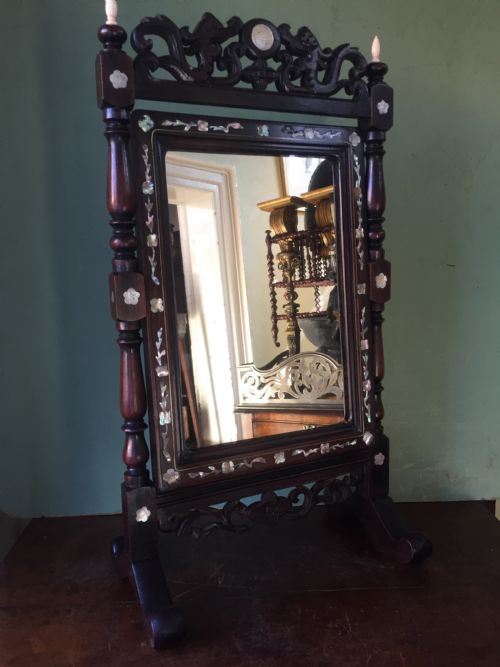 Interesting Mid C19th Chinese Miniature Hardwood-framed Vanity Mirror with 'Mother of Pearl' Inlay and Ivory Finials.