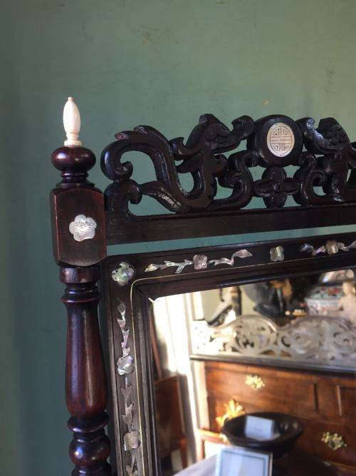 fig 1. Interesting mid C19th Chinese miniature hardwood-framed vanity mirror with 'mother of pearl' inlay and ivory finials.
