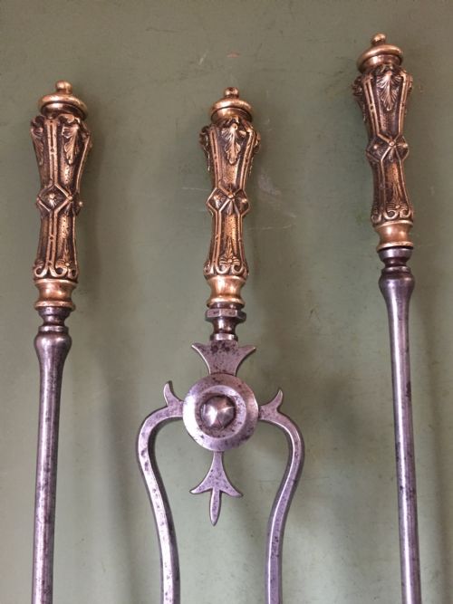 fig 1. Good set of 3 early C19th George IV period brass-handled steel fire-irons .