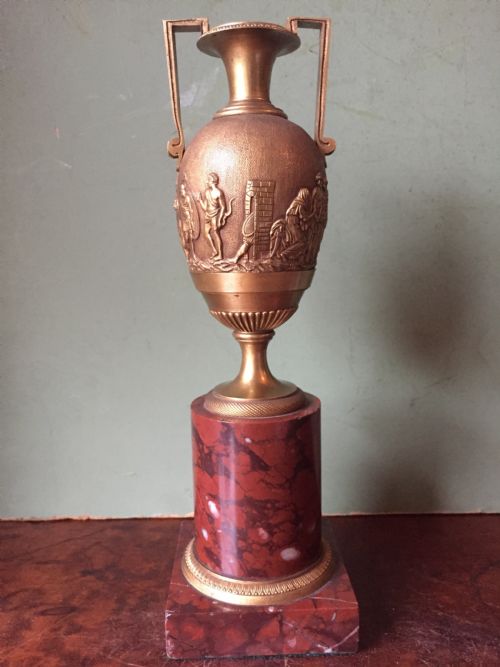 Fine Quality Early C19th French Neo-classical Gilt-bronze Urn on a 'Rouge Griotte' Marble Base.
