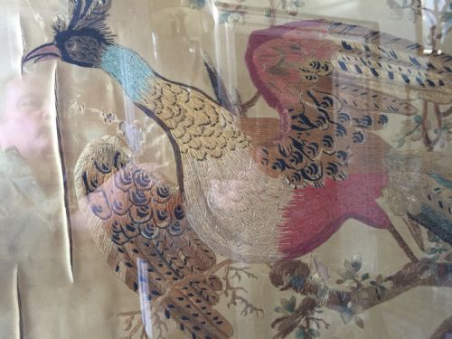 fig 1. Highly decorative early C19th English silk needlework picture of an exotic Chinese pheasant in original giltwood frame.