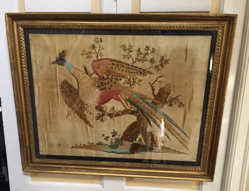 Highly Decorative Early C19th English Silk Needlework Picture of an Exotic Chinese Pheasant in Original Giltwood Frame.
