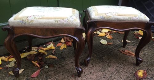 fig 1. Pair of mid C19th Victorian period carved and figured rosewood-framed stools with needlework seats.