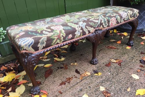 fig 1. Late C19th George II period style carved mahogany stool or window-seat with needlework tapestry covered top.