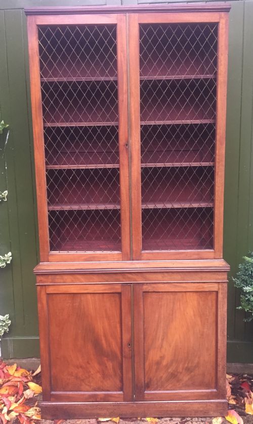 Late C18th/ Early C19th George III Period Mahogany 2-Door Bookcase with Grille Door Top and Cupboard Base.