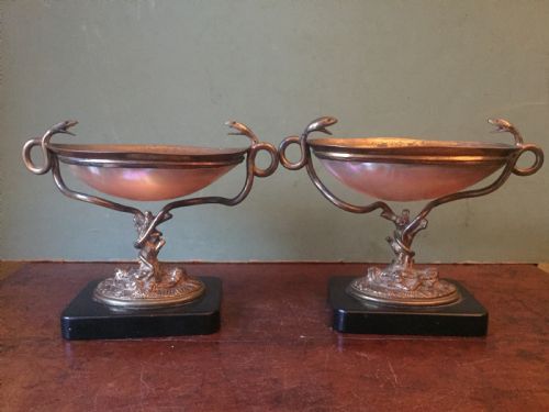 fig 1. Pair of C19th French gilded bronze and shell dished tazzas or bonbonières.