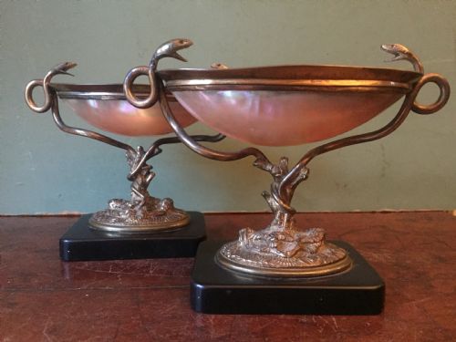fig 2. Pair of C19th French gilded bronze and shell dished tazzas or bonbonières.
