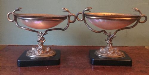 Pair of C19th French Gilded Bronze and Shell Dished Tazzas or Bonbonières.