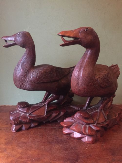fig 1. A pair of late nineteenth-century Chinese hardwood carved ducks with open beaks resting on sculpted bases.