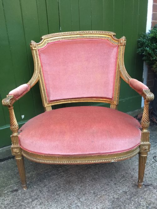 fig 2. Late C19th French giltwood salon chair of broad proportions in the Louis XVI period style.