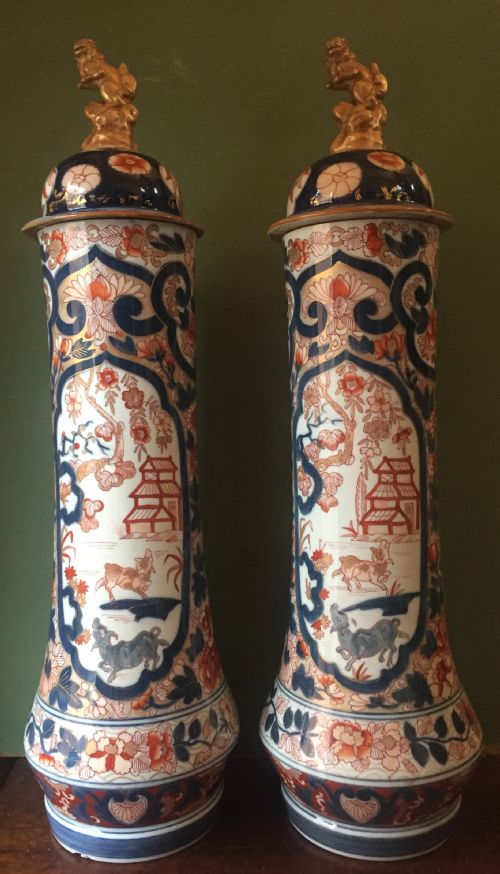Fine Pair of Mid C19th Japanese Imari Pattern Porcelain Lidded Vases of Unusual Shape and Form .