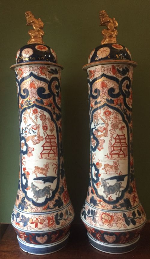 fig 1. Fine pair of mid C19th Japanese Imari pattern porcelain lidded vases of unusual shape and form .