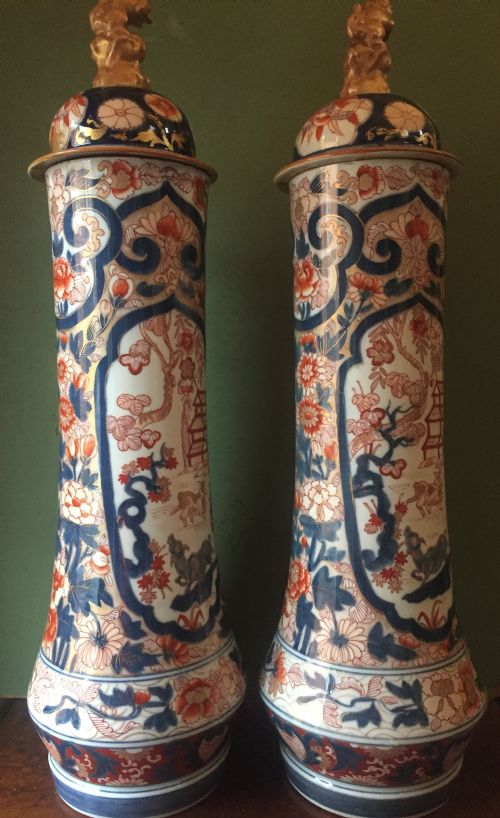 fig 2. Fine pair of mid C19th Japanese Imari pattern porcelain lidded vases of unusual shape and form .