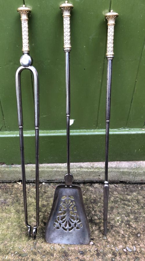 Set of 3 C19th Early Victorian Period Brass and Steel Fire-irons or Tools .