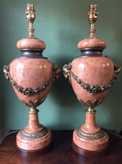 Pair of Late C19th/ Early C20th French Marble and Ormolu-mounted Lamps .