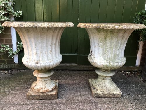 Large Scale Pair of Early C19th Regency Period Cast-iron Terrace or Garden Vases of Campana Form .